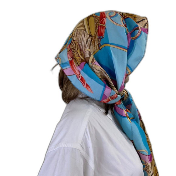 100% Silk Scarf Blue brown Equestrian Horse Bits Chain Print multifunctional - Picture 2 of 10